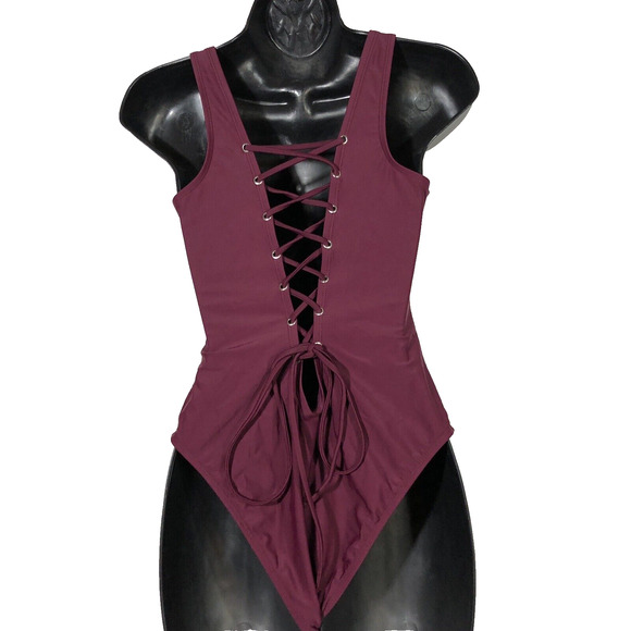 Bebe Lace Back Rhinestone Swimsuit Small Burgundry Wine Red Crystal Y2K Retro - Picture 5 of 12
